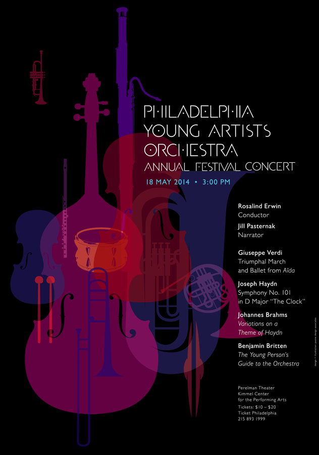 Philadelphia Young Artists Orchestra Annual Festival Concert Poster based on Benjamin Britten's 'The Young Person's Guide to the Orchestra', May 18, 2014.