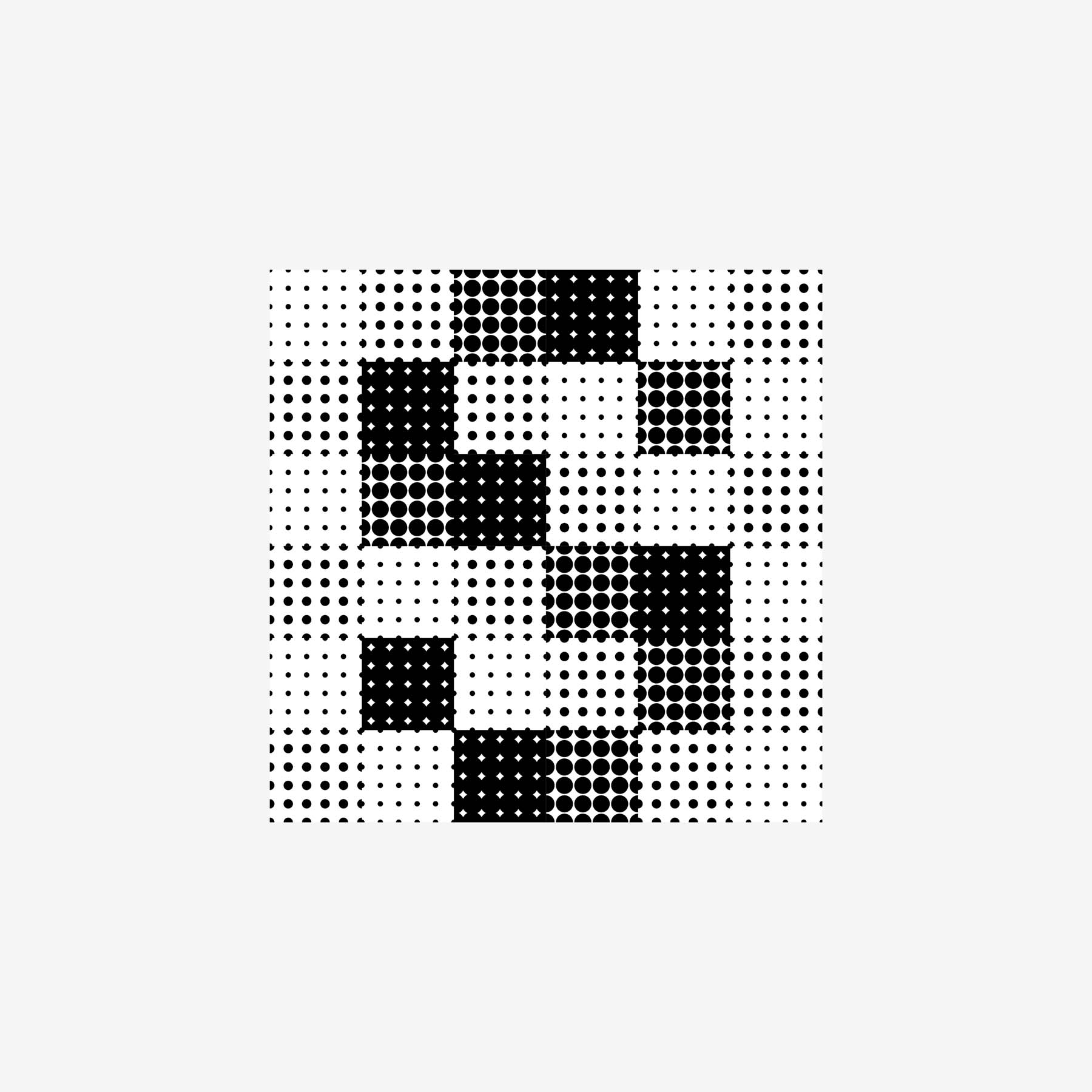 A bitmapped 'S' made from a grid of half-toned squares of various tonal values.