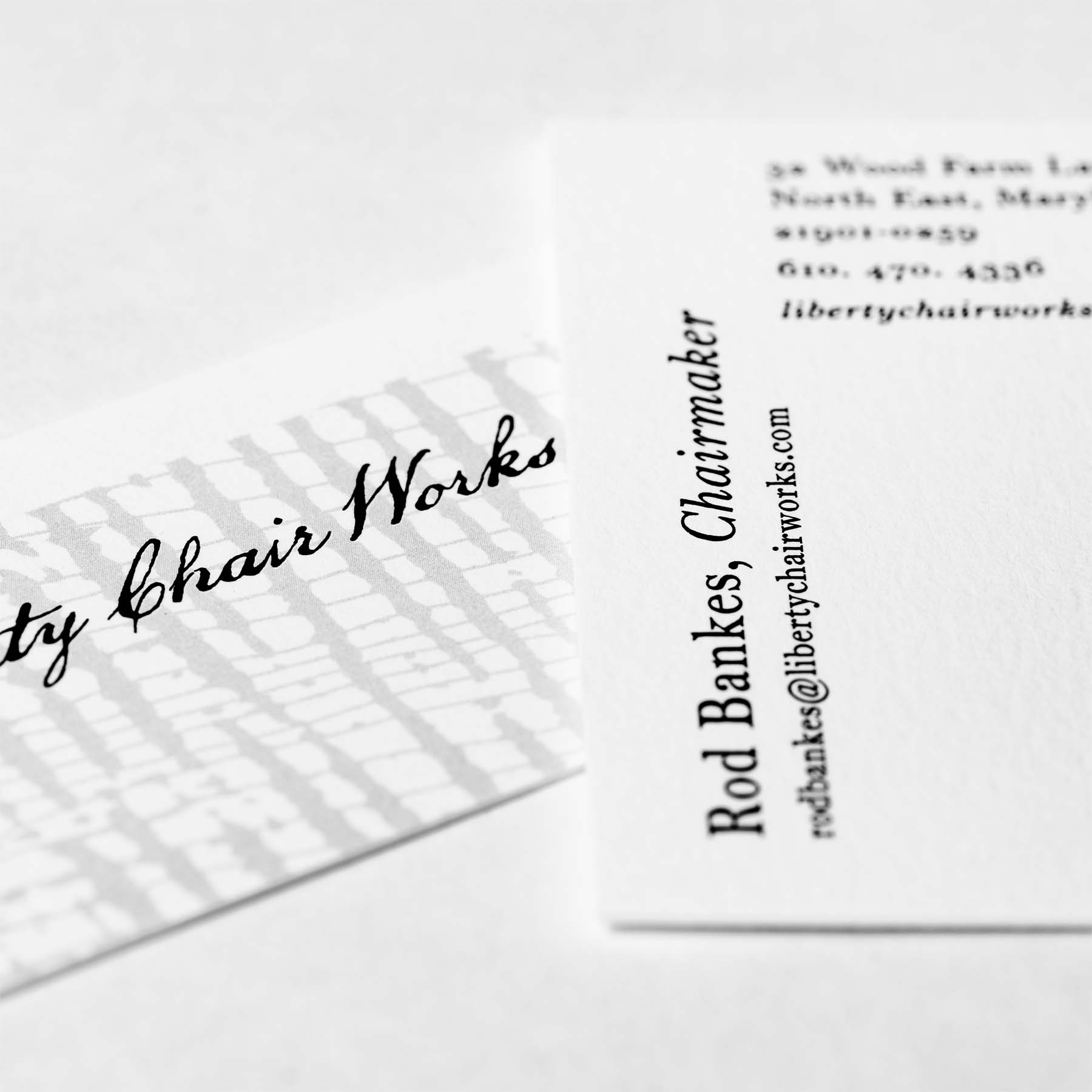 Liberty Chair Works business card, front and back.